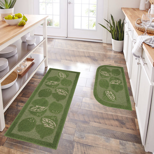 Decor Non-Slip Back Water Absorbent Soft Woven Runner Area Carpet Floor Mat Indoor Kitchen Rug, Green Lime Design