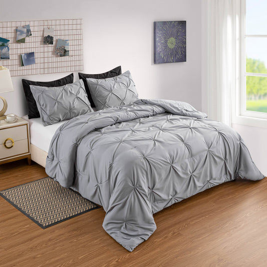 Pintuck Soft Luxury Fluffy Goose Down Alternative Solid Geometric Tufted Bedding Pinch Pleated Comforter Set, Grey