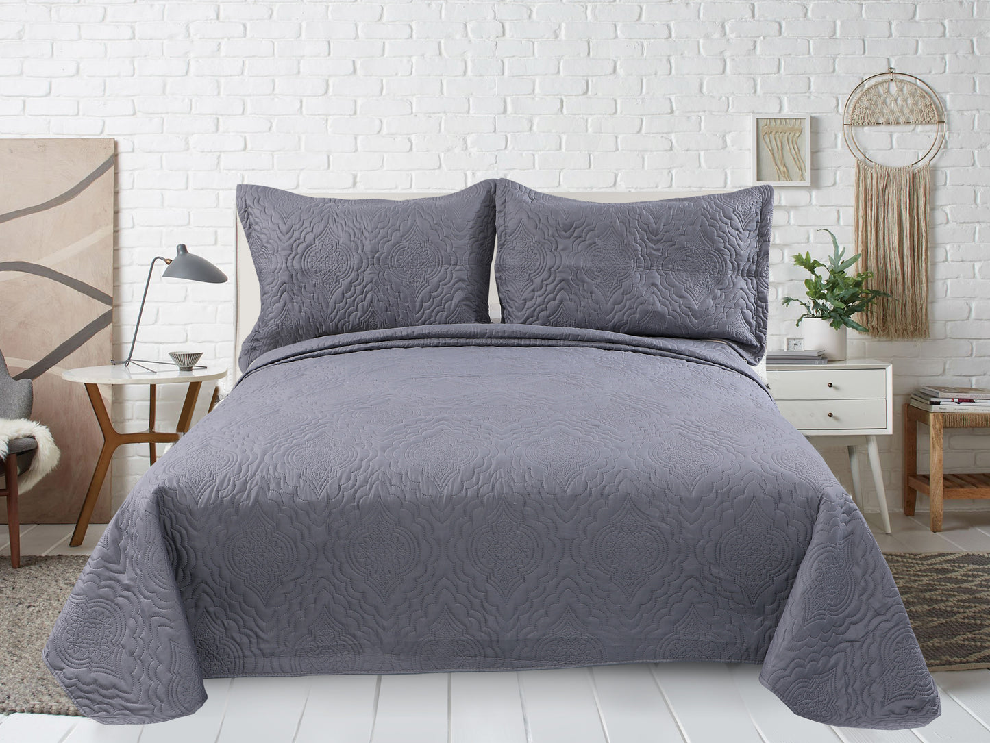 Embossed Pinsonic Solid Bedding Soft Summer Quilt Set, Grey Color