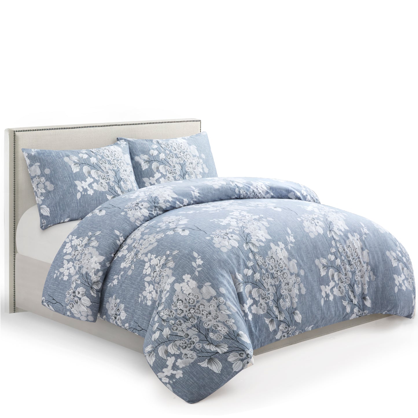 Printed Rayon from Bamboo Soft All Season Duvet Cover Fitted Sheet Ensemble Bedding Set with Zipper and Corner Tie, Inkwash Floral