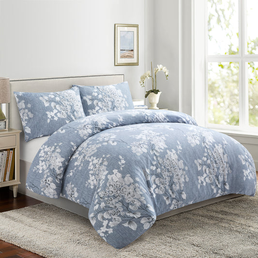 Printed Rayon from Bamboo Soft All Season Duvet Cover Fitted Sheet Ensemble Bedding Set with Zipper and Corner Tie, Inkwash Floral