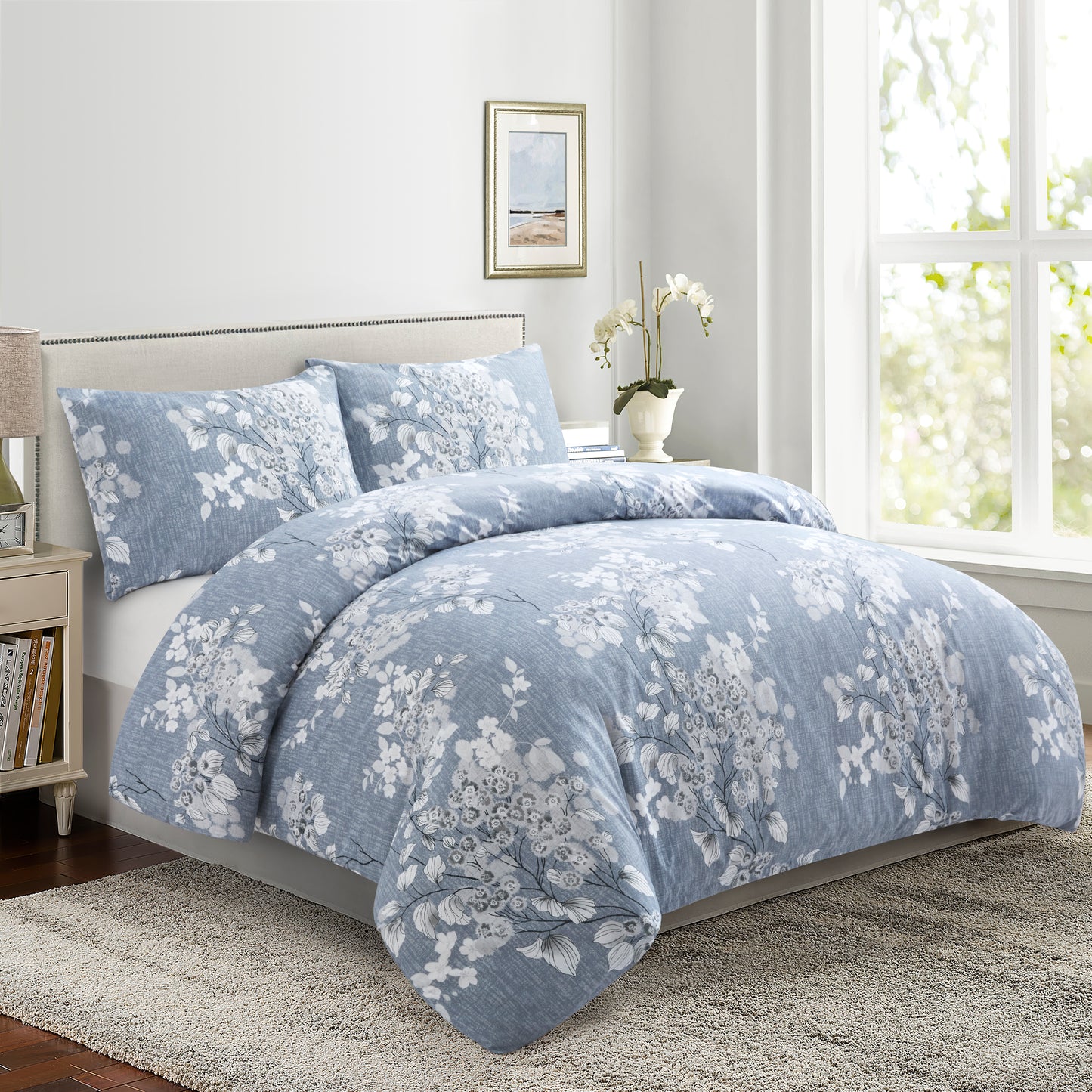 Printed Rayon from Bamboo Soft All Season Duvet Cover Fitted Sheet Ensemble Bedding Set with Zipper and Corner Tie, Inkwash Floral