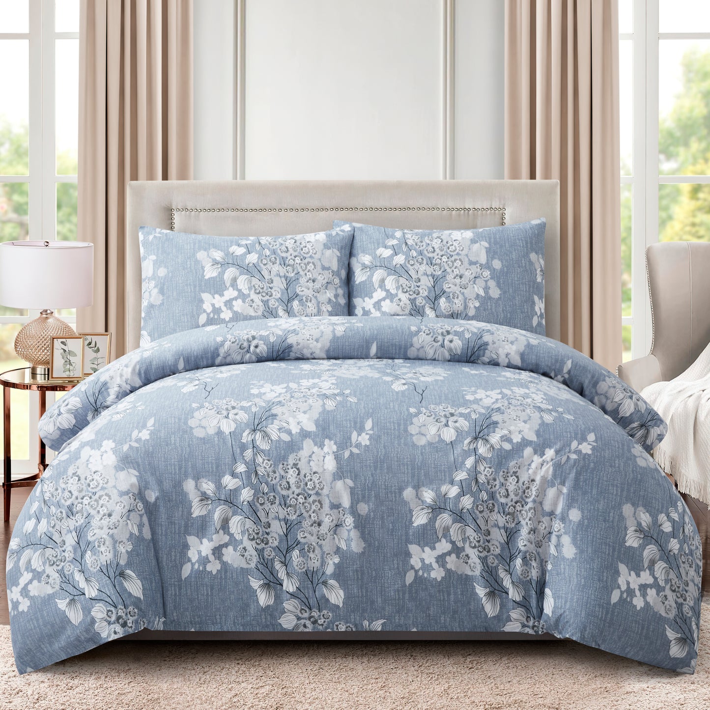Printed Rayon from Bamboo Soft All Season Duvet Cover Fitted Sheet Ensemble Bedding Set with Zipper and Corner Tie, Inkwash Floral