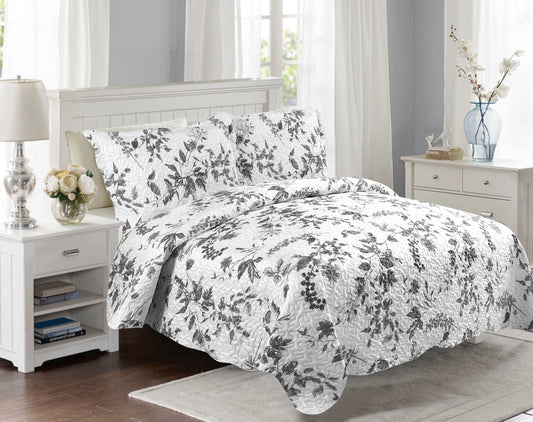 Printed Embossed Pinsonic Soft Bedding Summer Quilt Set, Grey Floral