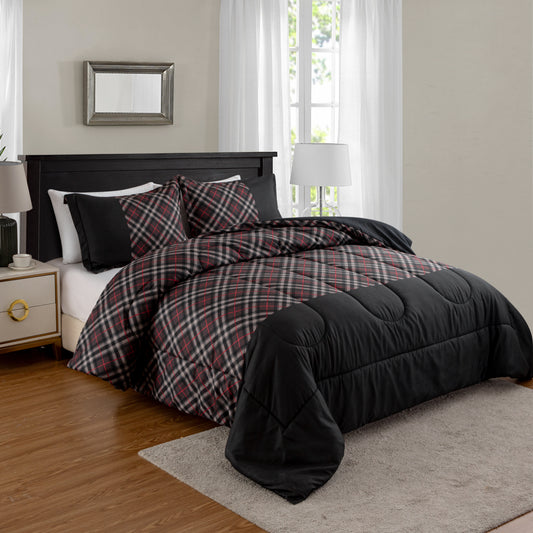 Home Decor Soft Luxury Fluffy Goose Down Alternative Bedding Printed Comforter Set, Modern Black Grey Geometric Plaid