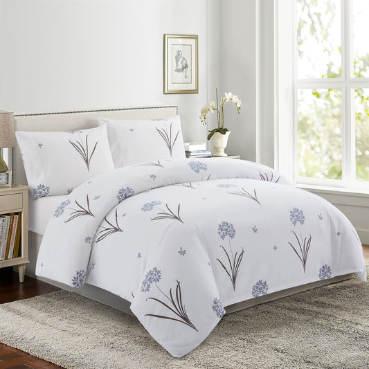 Printed Rayon from Bamboo Soft Bedding Silky Zipper All Season Duvet Cover Set, Grey Hydrangea Floral