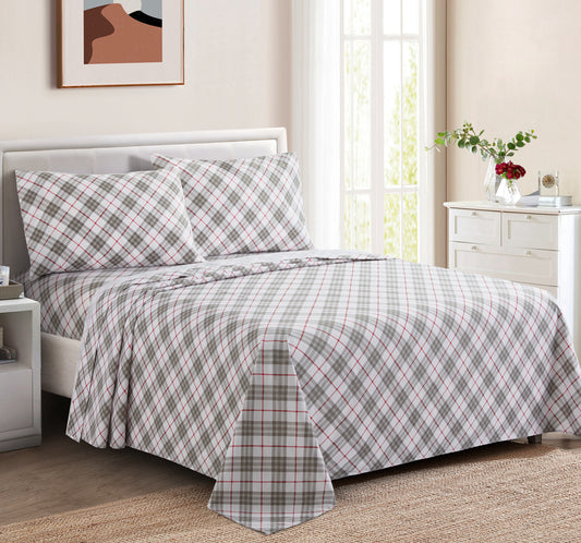 Printed Cotton Blend Percale 600 Thread Count Soft Deep Pocket All Season Bedding Sheet Set, Grey White Tartan Pattern