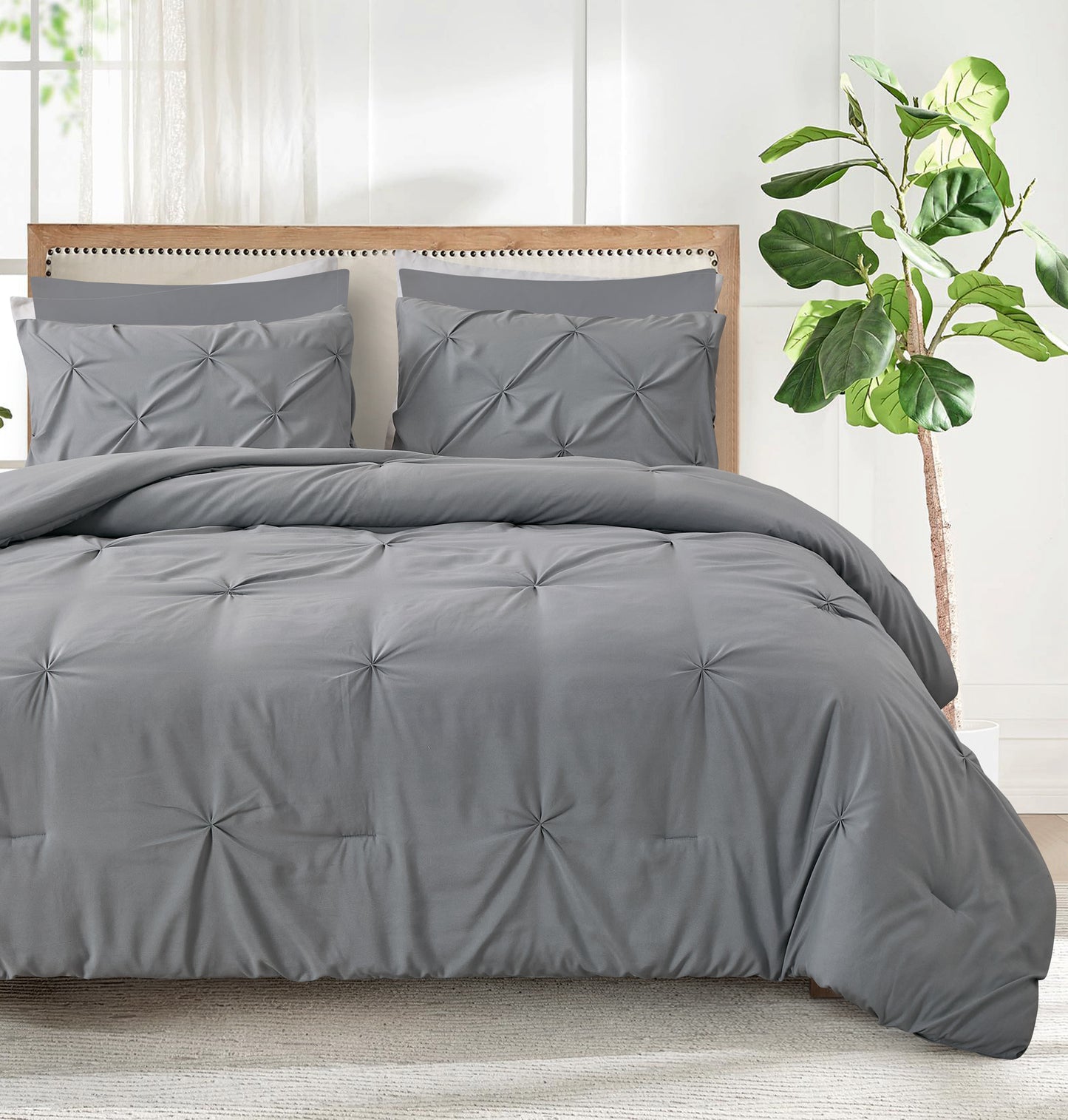 Pintuck Soft Luxury Fluffy Goose Down Alternative Solid Geometric Tufted Bedding Pinch Pleated Comforter Set, Grey Color