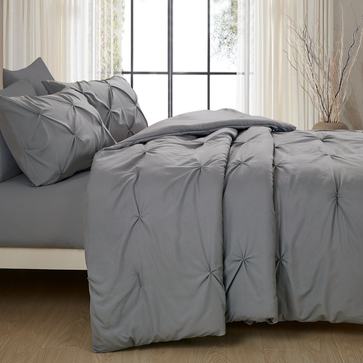 Pintuck Soft Luxury Fluffy Goose Down Alternative Solid Geometric Tufted Bedding Pinch Pleated Comforter Set, Grey Color