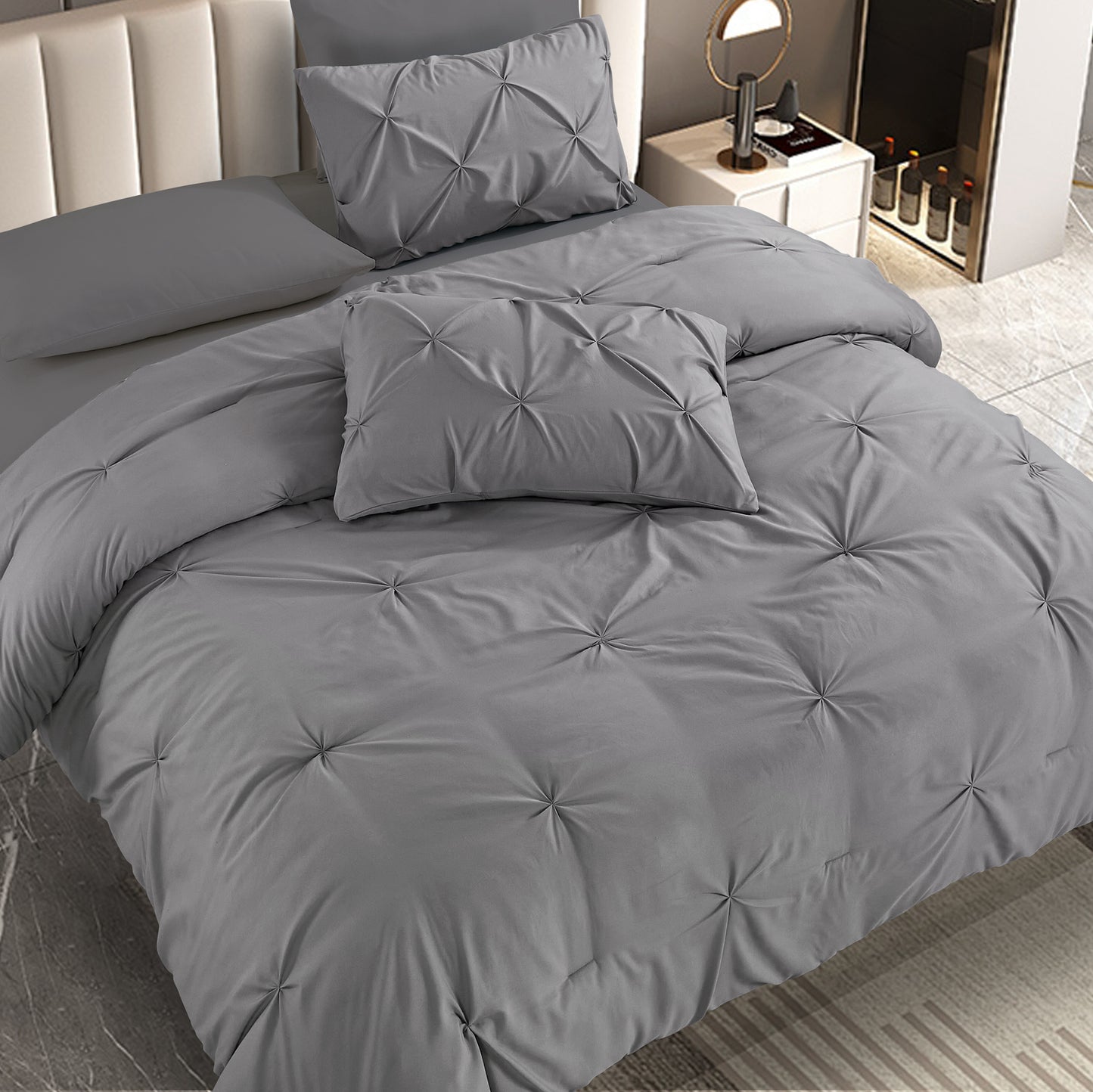 Pintuck Soft Luxury Fluffy Goose Down Alternative Solid Geometric Tufted Bedding Pinch Pleated Comforter Set, Grey Color
