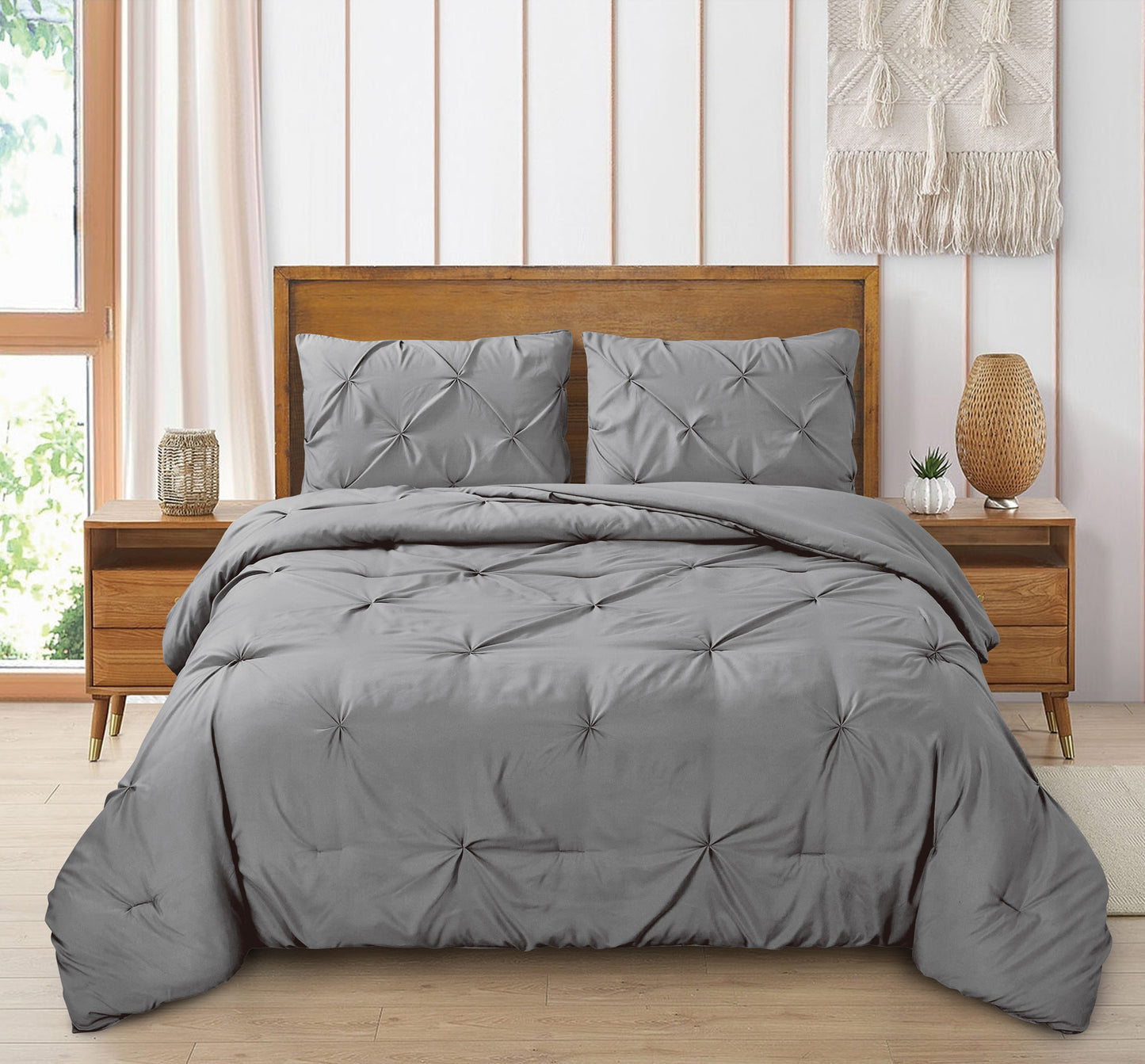 Pintuck Soft Luxury Fluffy Goose Down Alternative Solid Geometric Tufted Bedding Pinch Pleated Comforter Set, Grey Color