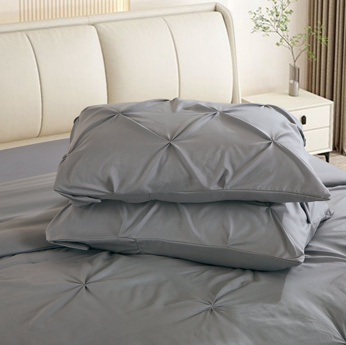 Pintuck Soft Luxury Fluffy Goose Down Alternative Solid Geometric Tufted Bedding Pinch Pleated Comforter Set, Grey Color