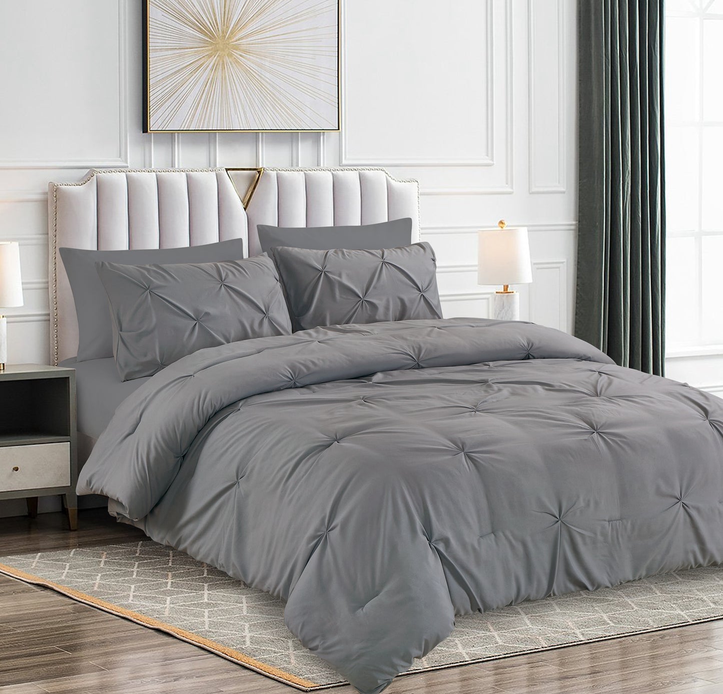 Pintuck Soft Luxury Fluffy Goose Down Alternative Solid Geometric Tufted Bedding Pinch Pleated Comforter Set, Grey Color