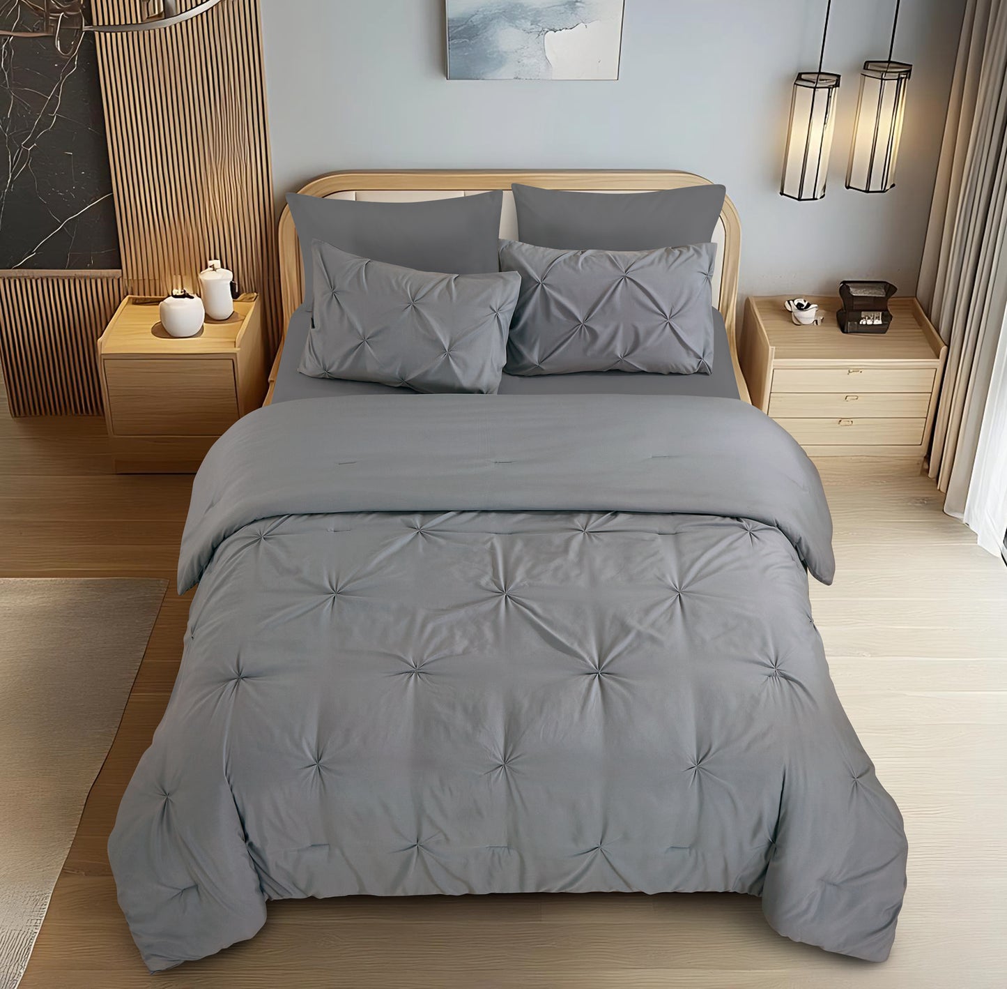 Pintuck Soft Luxury Fluffy Goose Down Alternative Solid Geometric Tufted Bedding Pinch Pleated Comforter Set, Grey Color