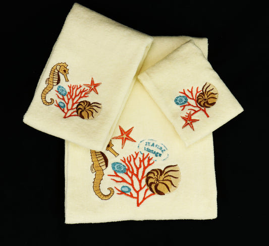 Premium Luxury Decor 100% Cotton Soft Bathroom Modern Embroidered 3 Piece Towel Set, Ocean Life Pattern