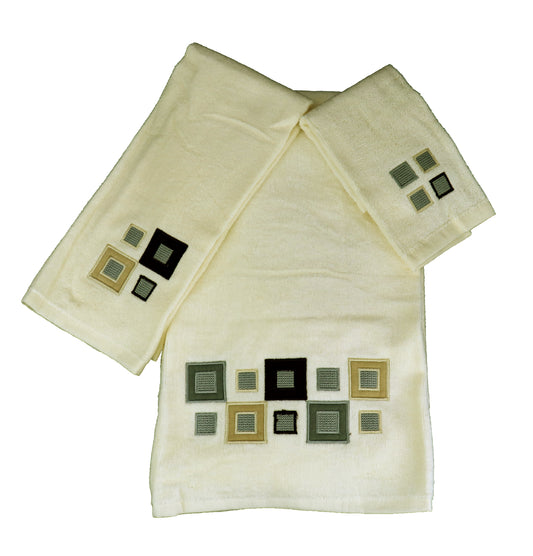 Premium Luxury Decor 100% Cotton Soft Bathroom Modern Embroidered 3 Piece Towel Set, Ivory Squares Pattern