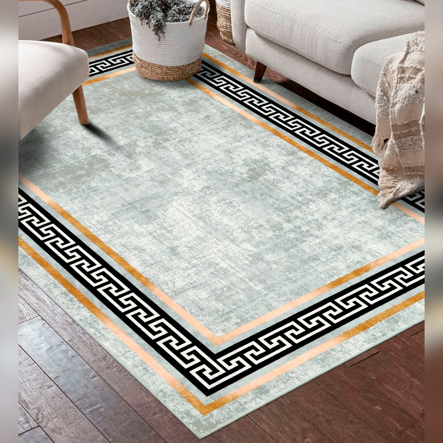 Decor Non-Slip Back Soft Area Carpet Floor Area Rug Indoor Accent Decorative Mat, Modern Gold Border Black Greek Key Design, 5 x 7 Feet