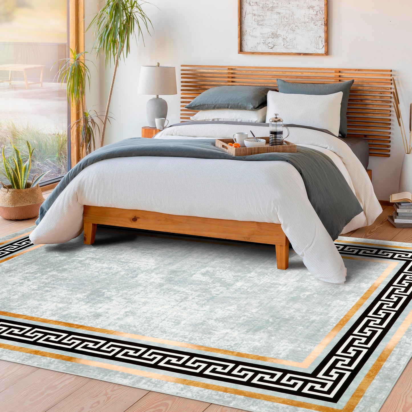 Decor Non-Slip Back Soft Area Carpet Floor Area Rug Indoor Accent Decorative Mat, Modern Gold Border Black Greek Key Design, 5 x 7 Feet