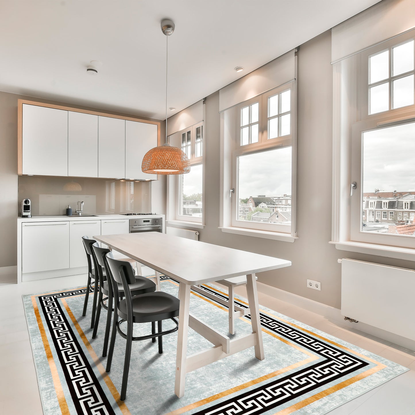 Decor Non-Slip Back Soft Area Carpet Floor Area Rug Indoor Accent Decorative Mat, Modern Gold Border Black Greek Key Design, 5 x 7 Feet