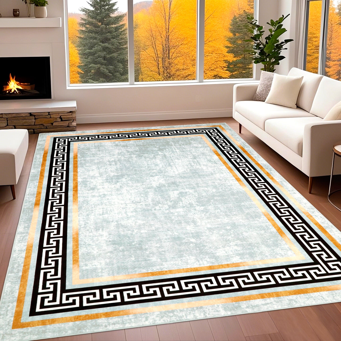 Decor Non-Slip Back Soft Area Carpet Floor Area Rug Indoor Accent Decorative Mat, Modern Gold Border Black Greek Key Design, 5 x 7 Feet
