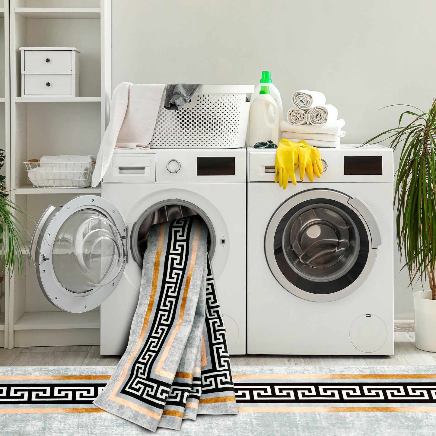 Decor Non-Slip Back Soft Area Carpet Floor Area Rug Indoor Accent Decorative Mat, Modern Gold Border Black Greek Key Design, 5 x 7 Feet