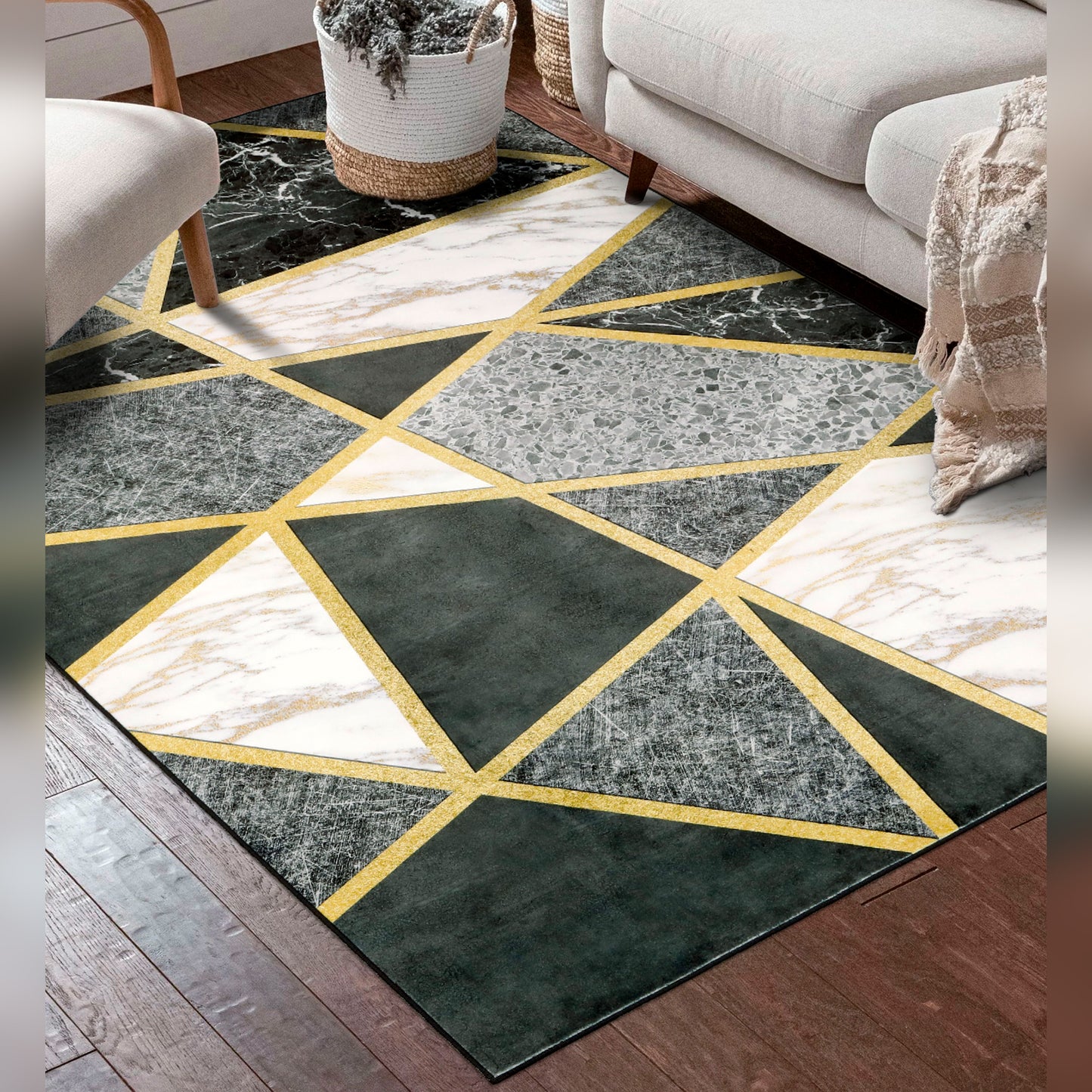 Decor Non-Slip Back Soft Area Carpet Floor Area Rug Indoor Accent Decorative Mat, Modern Black Grey Gold Geometric Marble Design, 5 x 7 Feet