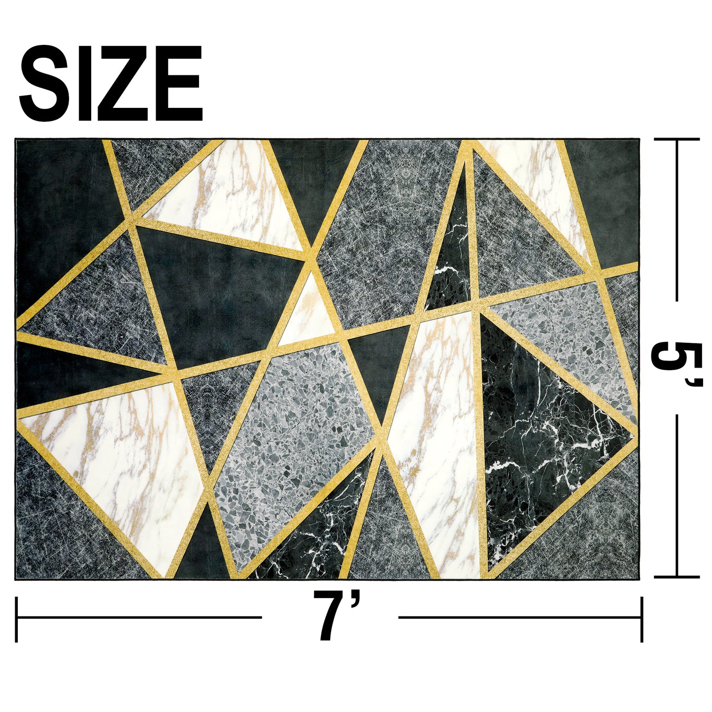 Decor Non-Slip Back Soft Area Carpet Floor Area Rug Indoor Accent Decorative Mat, Modern Black Grey Gold Geometric Marble Design, 5 x 7 Feet