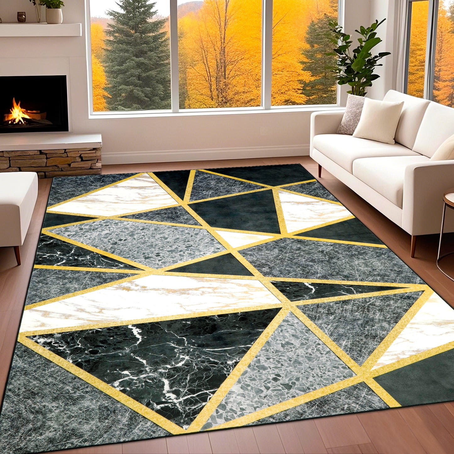 Decor Non-Slip Back Soft Area Carpet Floor Area Rug Indoor Accent Decorative Mat, Modern Black Grey Gold Geometric Marble Design, 5 x 7 Feet