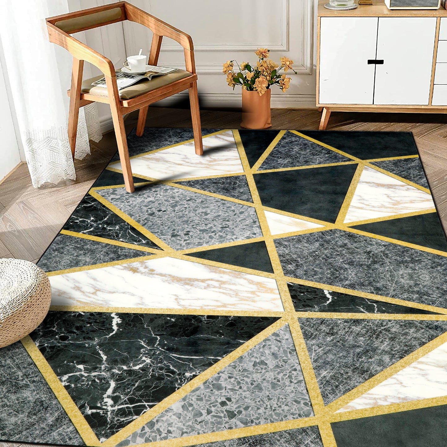 Decor Non-Slip Back Soft Area Carpet Floor Area Rug Indoor Accent Decorative Mat, Modern Black Grey Gold Geometric Marble Design, 5 x 7 Feet