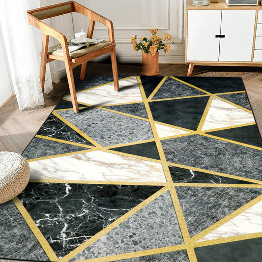 Decor Non-Slip Back Soft Area Carpet Floor Area Rug Indoor Accent Decorative Mat, Modern Black Grey Gold Geometric Marble Design, 5 x 7 Feet