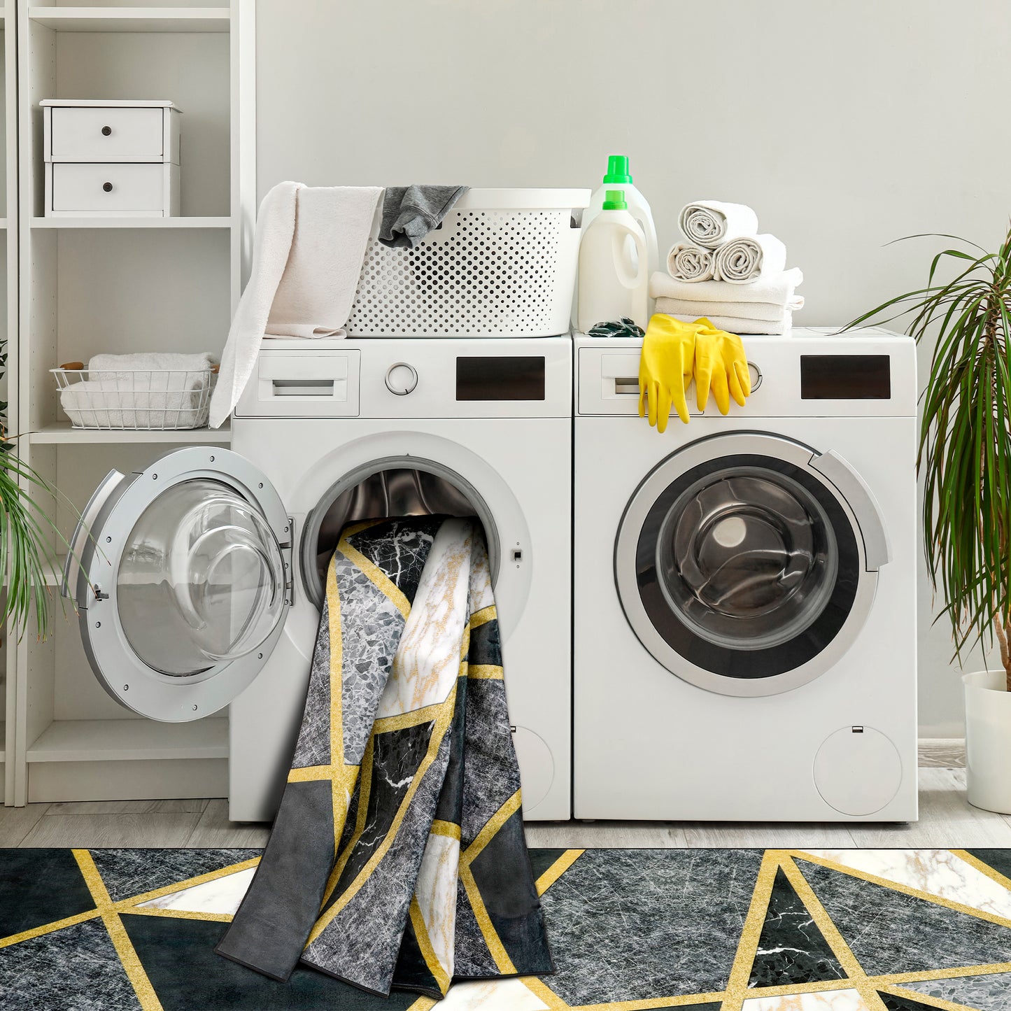 Decor Non-Slip Back Soft Area Carpet Floor Area Rug Indoor Accent Decorative Mat, Modern Black Grey Gold Geometric Marble Design, 5 x 7 Feet