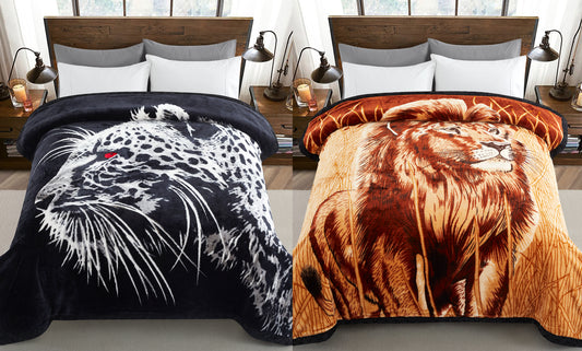 Printed Reversible Woven Fluffy Plush Soft Warm Korean Style 2 Ply Flannel Fleece Throw Animal Mink Blanket, 78" x 86" Leopard Lion