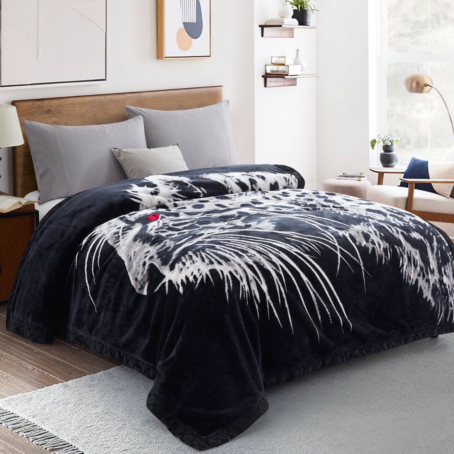 Printed Reversible Woven Fluffy Plush Soft Warm Korean Style 2 Ply Flannel Fleece Throw Animal Mink Blanket, 78" x 86" Leopard Lion