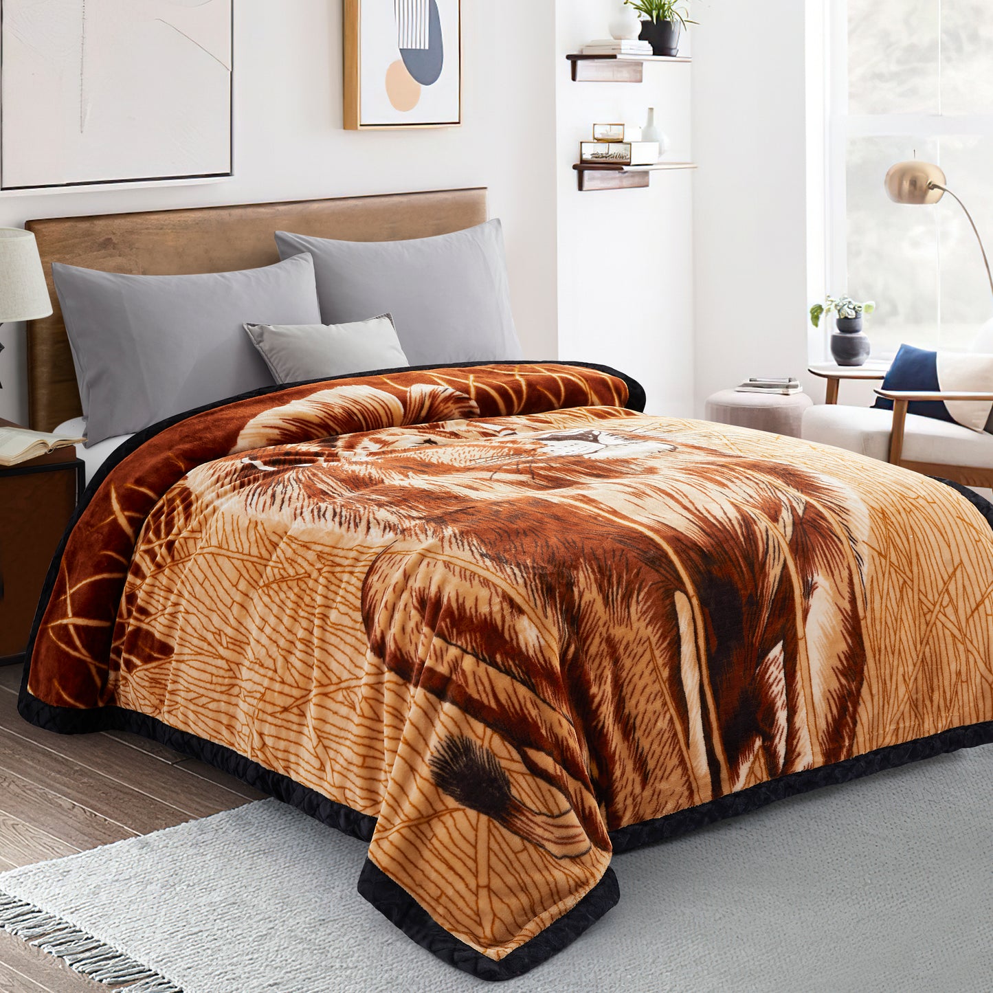 Printed Reversible Woven Fluffy Plush Soft Warm Korean Style 2 Ply Flannel Fleece Throw Animal Mink Blanket, 78" x 86" Leopard Lion