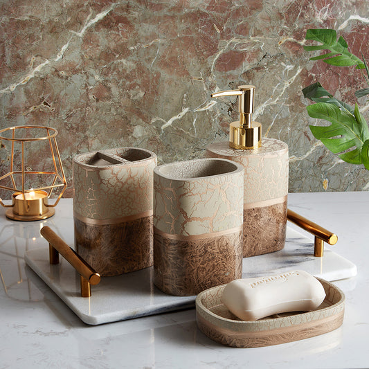 Modern Luxury Décor Bath Accessory Ensemble Bathroom Lotion Dispenser Toothbrush Holder Tumbler Soap Dish, Gold Taupe Branch