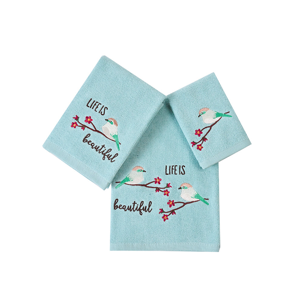 Premium Luxury Decor 100% Cotton Soft Bathroom Modern 3 Piece Embroidered Towel Set, Bird with Teal Base