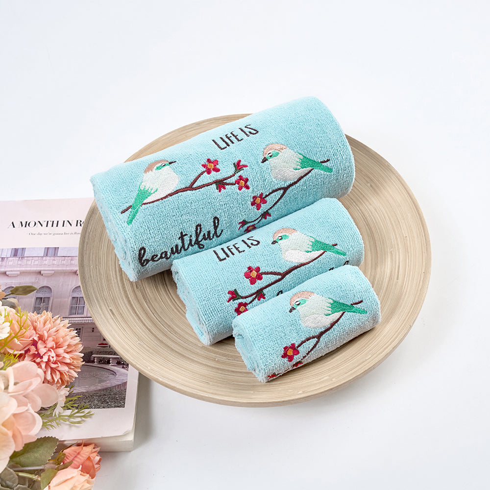 Premium Luxury Decor 100% Cotton Soft Bathroom Modern 3 Piece Embroidered Towel Set, Bird with Teal Base