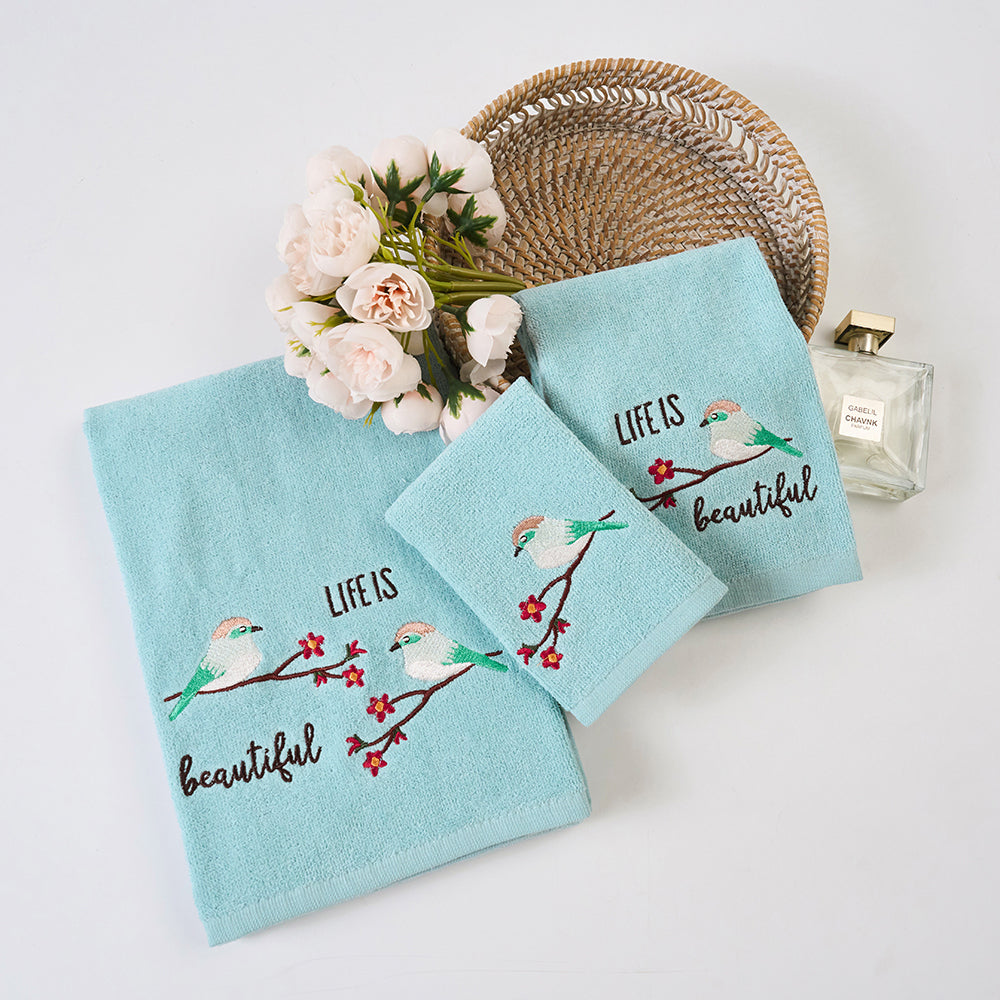 Premium Luxury Decor 100% Cotton Soft Bathroom Modern 3 Piece Embroidered Towel Set, Bird with Teal Base