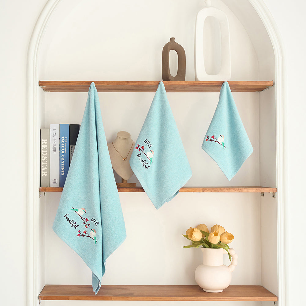 Premium Luxury Decor 100% Cotton Soft Bathroom Modern 3 Piece Embroidered Towel Set, Bird with Teal Base