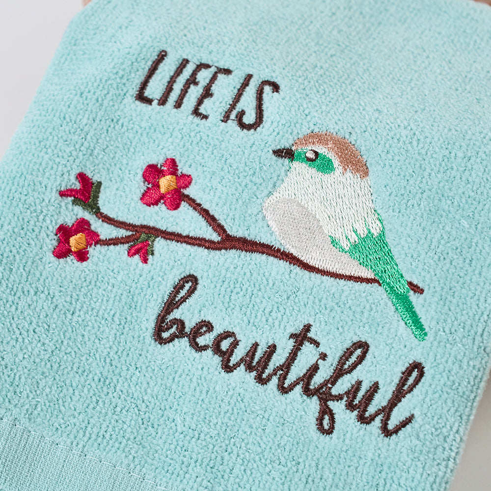 Premium Luxury Decor 100% Cotton Soft Bathroom Modern 3 Piece Embroidered Towel Set, Bird with Teal Base