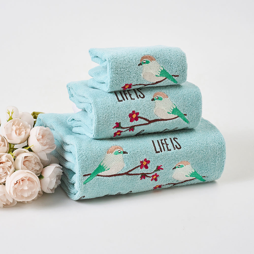Premium Luxury Decor 100% Cotton Soft Bathroom Modern 3 Piece Embroidered Towel Set, Bird with Teal Base