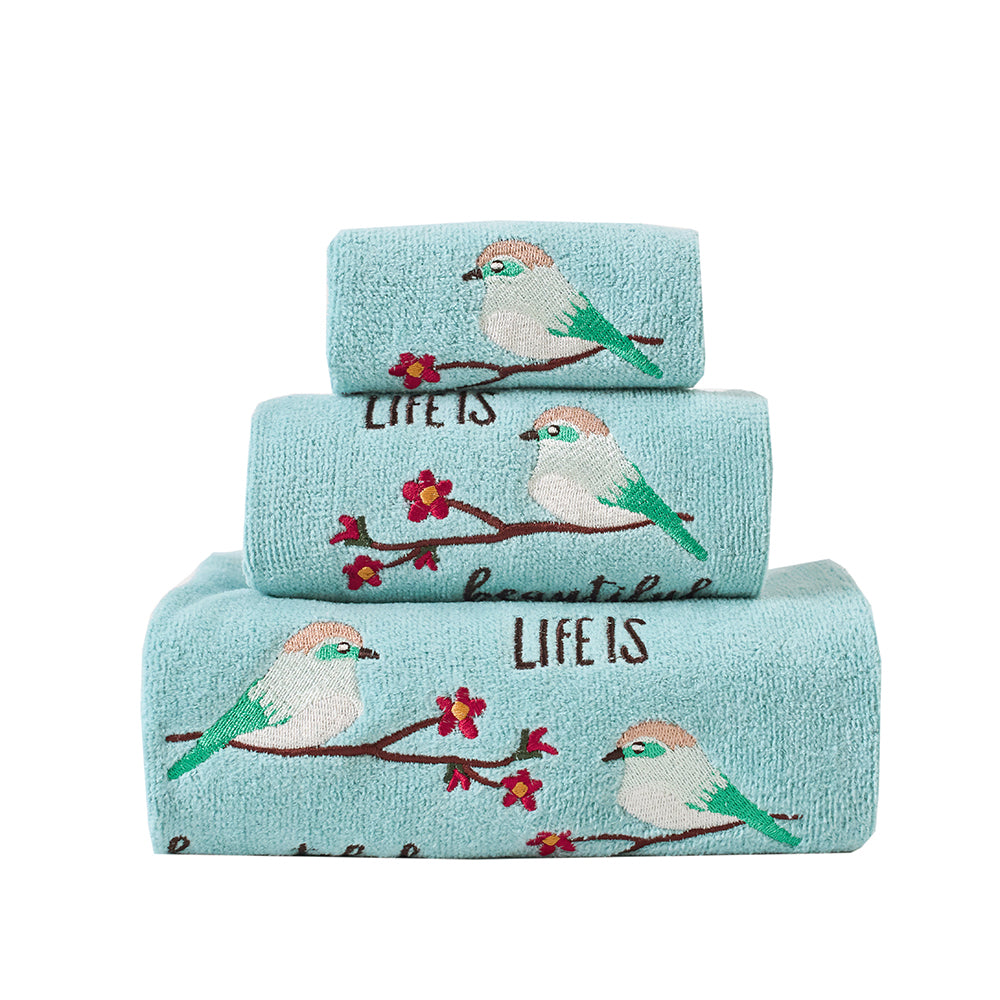 Premium Luxury Decor 100% Cotton Soft Bathroom Modern 3 Piece Embroidered Towel Set, Bird with Teal Base