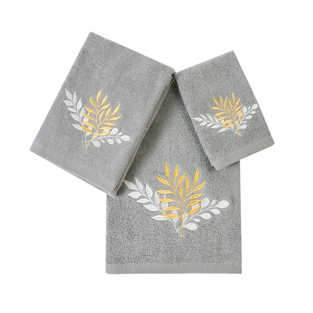 Premium Luxury Decor 100% Cotton Soft Bathroom Modern 3 Piece Embroidered Towel Set, Modern Leaves with Grey Base