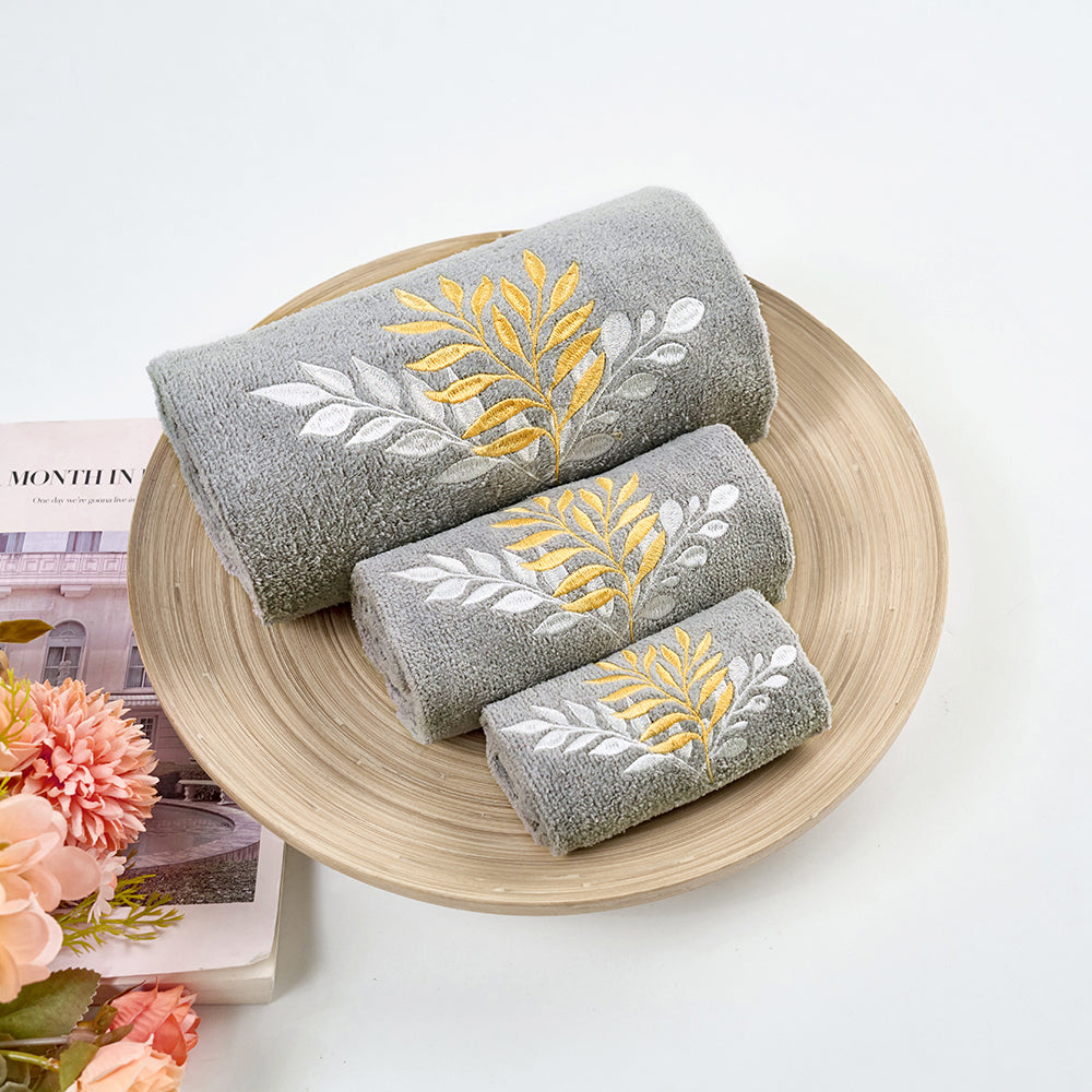 Premium Luxury Decor 100% Cotton Soft Bathroom Modern 3 Piece Embroidered Towel Set, Modern Leaves with Grey Base