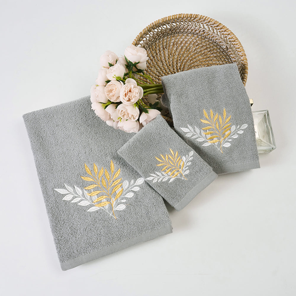 Premium Luxury Decor 100% Cotton Soft Bathroom Modern 3 Piece Embroidered Towel Set, Modern Leaves with Grey Base