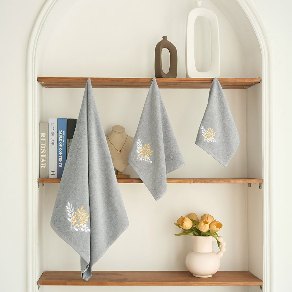 Premium Luxury Decor 100% Cotton Soft Bathroom Modern 3 Piece Embroidered Towel Set, Modern Leaves with Grey Base