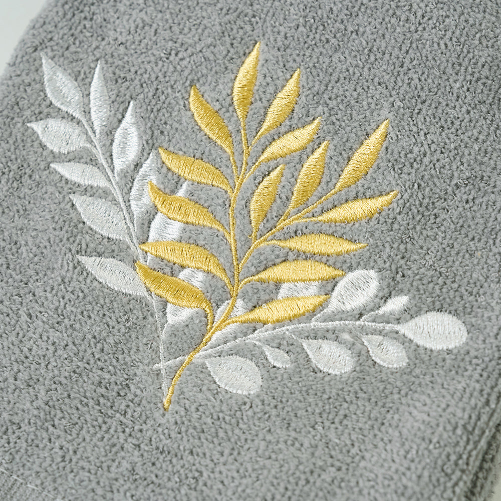 Premium Luxury Decor 100% Cotton Soft Bathroom Modern 3 Piece Embroidered Towel Set, Modern Leaves with Grey Base