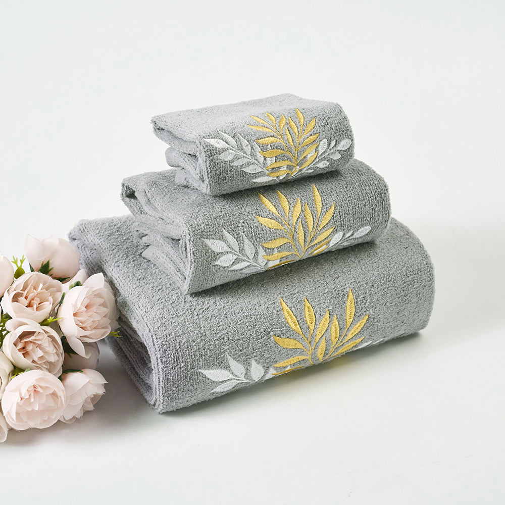 Premium Luxury Decor 100% Cotton Soft Bathroom Modern 3 Piece Embroidered Towel Set, Modern Leaves with Grey Base