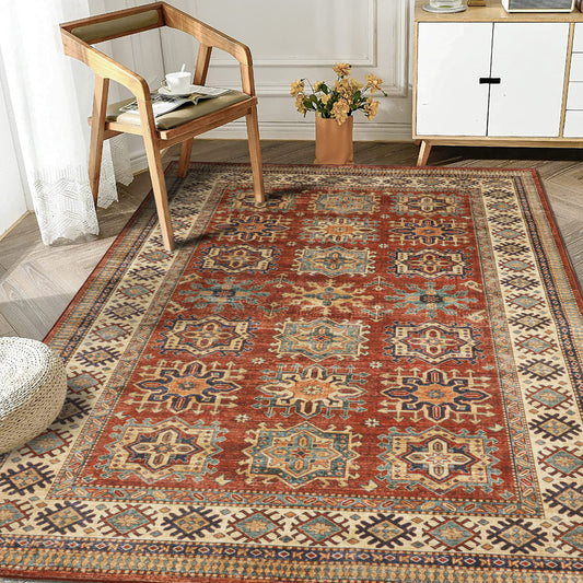 Decor Non-Slip Back Soft Area Carpet Floor Area Rug Indoor Accent Decorative Mat, Vintage Persian Rust Red Geometric Design, 5 x 7 Feet