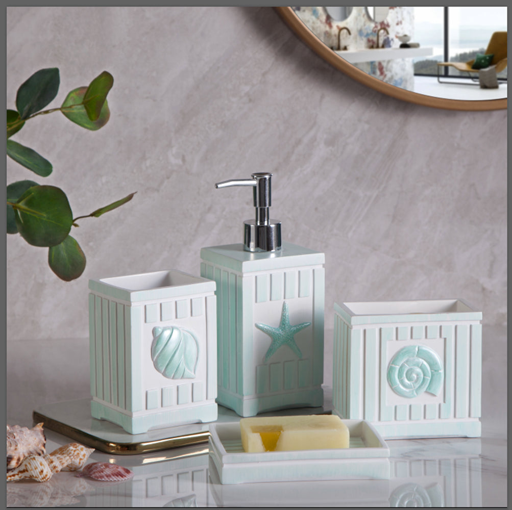 Modern Luxury Décor Bath Accessory Ensemble Bathroom Lotion Dispenser Toothbrush Holder Tumbler Soap Dish, Marina Green Beach